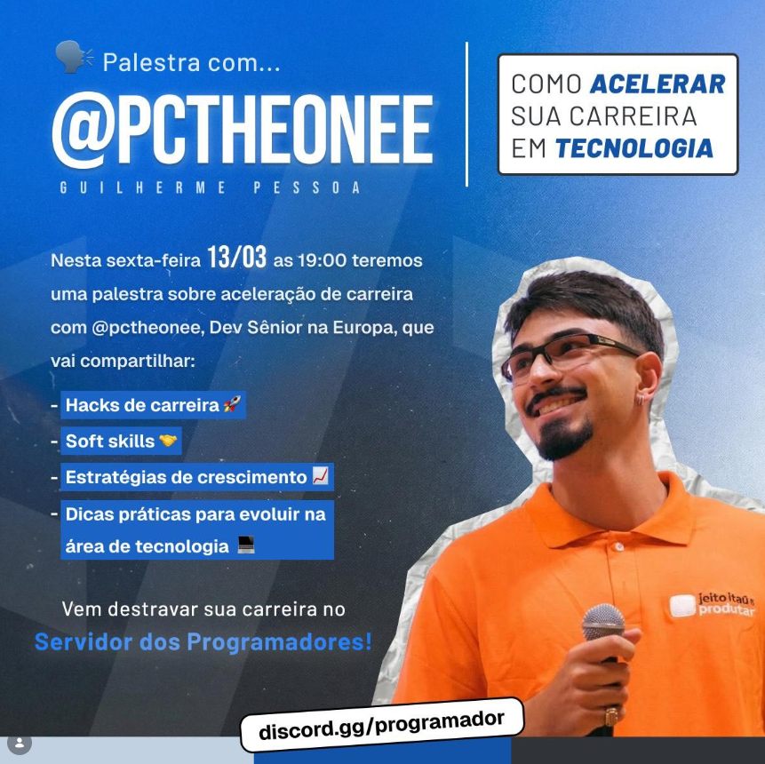 Pôster da palestra com @pctheonee — Como acelerar sua carreira em tecnologia